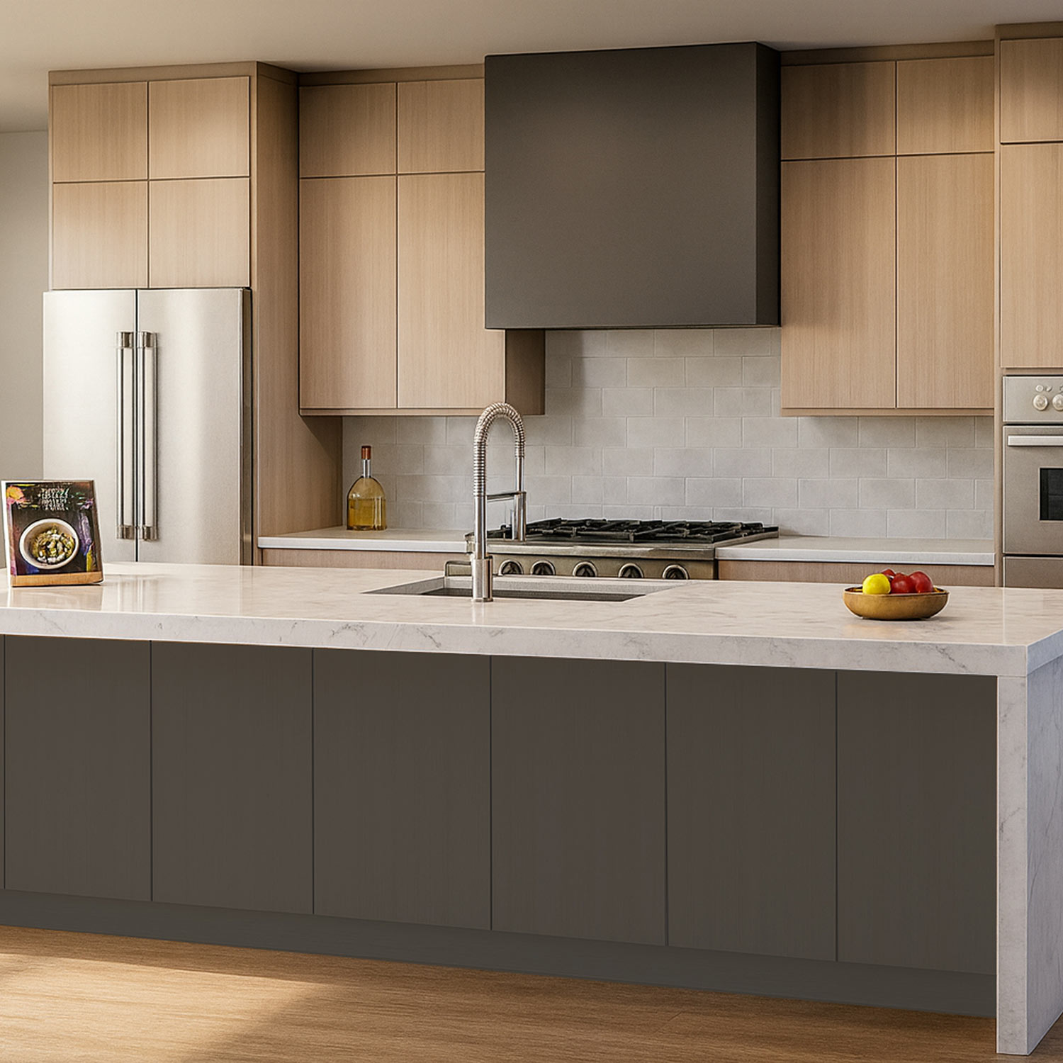 Clean mModern kitchen with stacked wall cabinets and white oak slab door