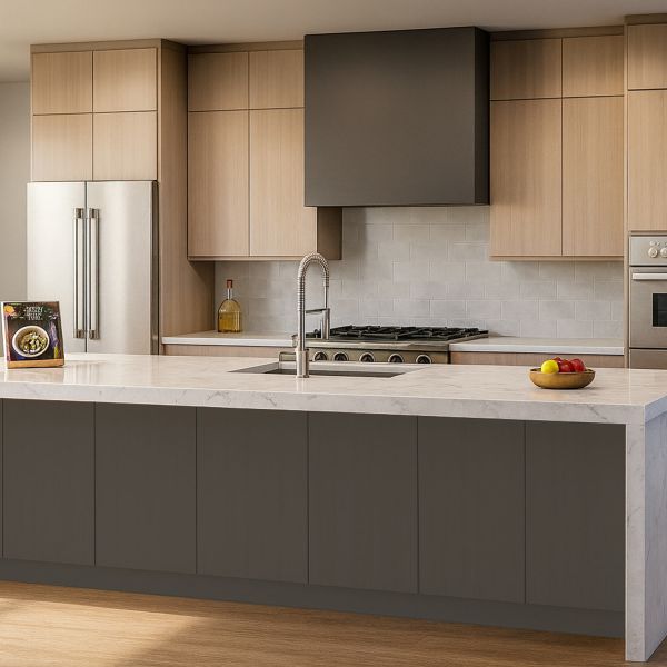 Clean modern kitchen with white oak slab door and stacked wall cabinets