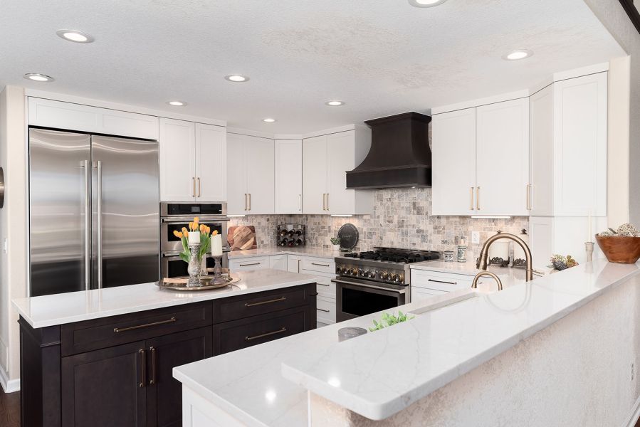 Showplace Cabinetry White Kitchen Cabinets Dark Wood Island